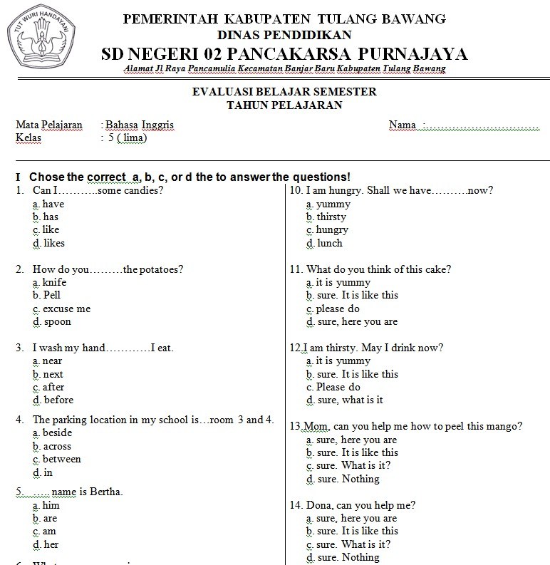 Soal Bahasa Inggris Untuk Sd Kelas 1 Semester 2 - mertqark
